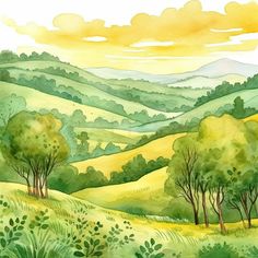 watercolor painting of green hills and trees with yellow sky in the backgroud