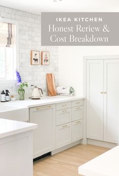 a kitchen with white cabinets and wood floors is featured in the magazine ikea kitchen honest refew & cost breakdown