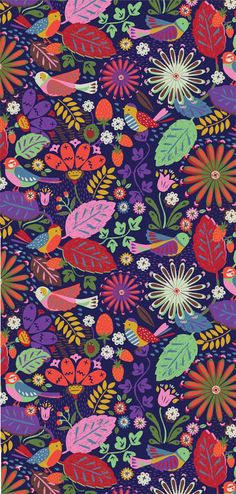 a colorful floral pattern with birds and flowers on purple background, suitable for wallpaper or fabric