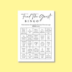 a printable game for friends to play on their wedding day, with the words find the guest