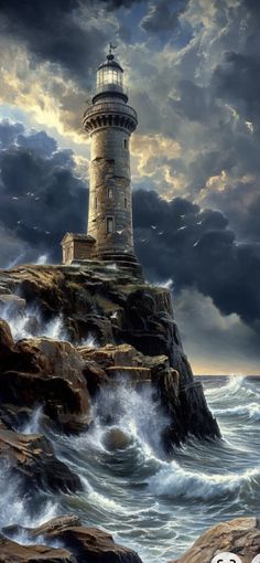 a painting of a lighthouse on top of a rock in the ocean