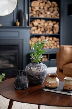 a table with two vases and a potted plant sitting on top of it