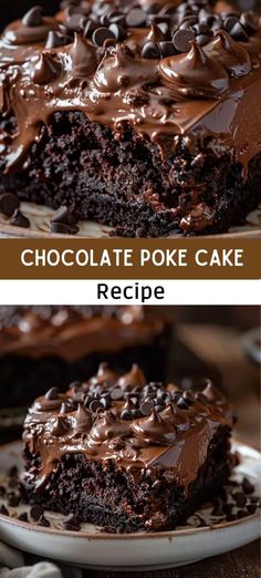 chocolate poke cake on a plate with the rest of the cake in the background