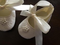 Baby girl ivory lace baptism shoes with pearls & rhinestones Girl Flower