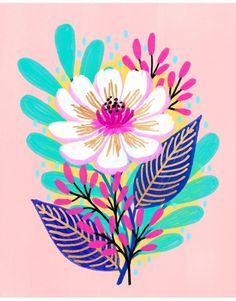 a pink background with colorful flowers and leaves