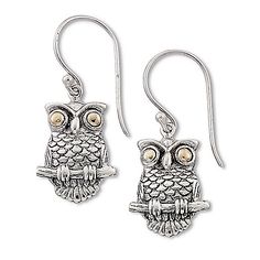 Artisan Silver by Samuel B. 18K Gold Accented 1.25" Owl Drop Earrings - Take your style to new heights on the wings of these inspired earrings. A Gold Owl, Sterling Silver Owl, Expensive Diamond, Heavy Earrings, Silver Owl, Owl Earrings, Sterling Silver Drop Earrings, Gold Eyes, Owl Design