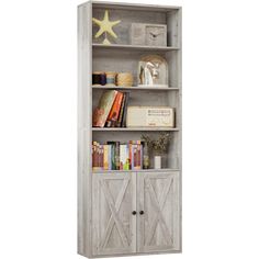 an open bookcase with books and other items on top of it, against a white background