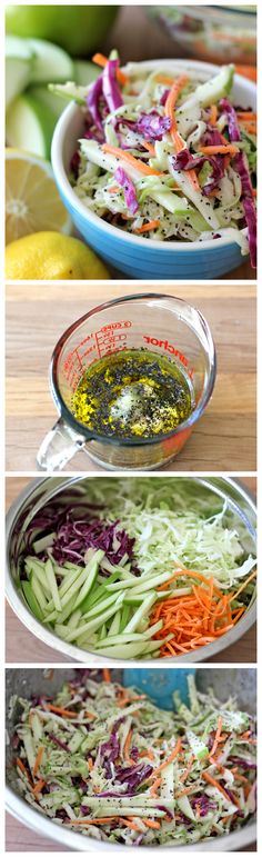 three pictures showing different types of salads in glass bowls on a wooden counter top