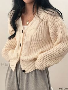 Peilia - Premium Womens Casual V-Neck Long-Sleeved Solid Button Cable Knit Cardigan Sweater Winter V-neck Sweater With Button Closure, V-neck Winter Sweater With Button Closure, Cream V-neck Cardigan With Button Closure, Cream V-neck Sweater With Buttons, Cream V-neck Cardigan With Buttons, Cozy V-neck Top With Buttons, Cream V-neck Cable Knit Cardigan, Beige V-neck Sweater With Button Closure, Apricot Sweater