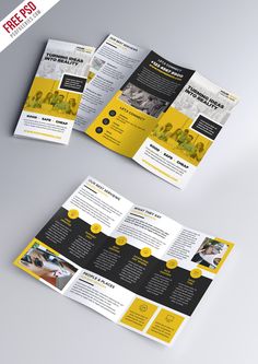 a yellow and black tri fold brochure is shown