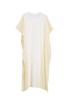 A semi-sheer, straight-cut caftan with a deep v-neck and slits on each side. This lightweight cotton piece with yellow stripes effortlessly transcends between seasons. - One size - Color: white - Fabric: Handwoven cotton - Length: 51” Summer Striped Tunic Kaftan, Summer Cotton V-neck Kaftan, White V-neck Kaftan For Daywear, White Vertical Stripes Dress For Daywear, Chic White V-neck Kaftan, White V-neck Summer Kaftan, White Oversized V-neck Kaftan, White Loose V-neck Kaftan, Casual Yellow V-neck Kaftan