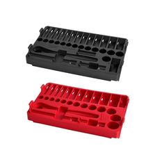 two black and red plastic parts on a white background, one with holes in the middle