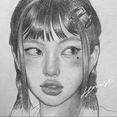 a pencil drawing of a girl with bangs and hair clips in her hair, looking to the side