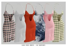 four dresses are shown in different colors