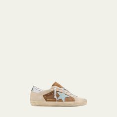 Golden Goose low-top colorblock leather and suede sneakers. Contrasting star patch at side. Flat heel. Round toe. Lace-up vamp. Breathable leather/cotton lining. Signature hand-stained rubber sole. Made in Italy.