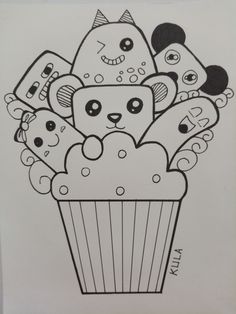 a black and white drawing of a cupcake with teddy bears