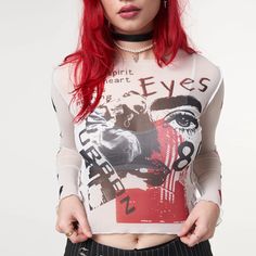 Mesh printed navel exposed casual long-sleeved T-shirt – IFAUN Pretty Red Heads, Crop Top Blanc, Impulse Buying, London Clothing, Minga London, Trendy Crop Tops, Mesh Long Sleeve Top, Mesh Tops, Mesh T Shirt