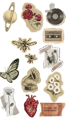 an assortment of stickers with different types of flowers and music instruments on them,