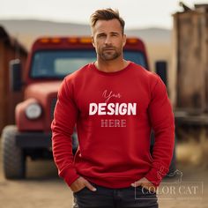 "Handsome Male Mockup featuring modern man in Autumn between straw bales, front view for Gildan 18000 Red Sweater. This sweatshirt mock is a simple image that is easy to use with Canva, Photoshop, Photopea etc. to make a perfect mockup for your print on demand design. ♥ Our Mockups are designed to perfectly fit Etsy's new square listing image size. --------------------- ♥ Get access to all our current and future mockups in the \"HALLOWEEN & FALL\" category: https://www.etsy.com/listing/1569064732/halloween-fall-mockup-bundle-lifetime?click_key=a1114670ebf44845b6f8ec66ddf4172314d2f782%3A1569064732&click_sum=f12d3517&ref=shop_home_active_1&pro=1 --------------------- ♥ We specialize in unique settings and product colors. If you like our mockups, do not forget to follow our shop to be informe Customizable Red Crew Neck Sweatshirt, Casual Red Customizable Sweatshirt, Customizable Red Long Sleeve Sweatshirt, Customizable Long Sleeve Red T-shirt, Customizable Red Long Sleeve T-shirt, Image Simple, Man Sweater, Straw Bales, Animal Sweatshirt