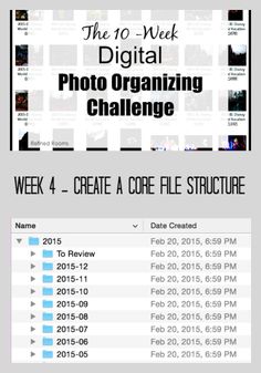 an image of a web page with the words, photo organizing challenge week 4 create a core file structure