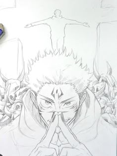 a pencil drawing of an anime character with his hands in his mouth and eyes closed