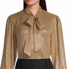 Refined Blouse Featuring Pleated Detailing At The Shoulders, An Elegant Tie Collar, And Shirring Details. Tie-Neck Collar Long Blouson Sleeves Button Cuffs Concealed Button Front Closure Polyester Lining: Viscose/Polyester Hand Wash Imported Of Japanese Fabric. Est. Retail Price: $598.00 Elegant Gold Blouse For Work, Elegant Gold Blouse For Workwear, Classic Gold Formal Blouse, Chic Gold Formal Blouse, Classic Gold Blouse For Workwear, Gold Formal Blouse With Button Closure, Elegant Gold Top With Button Closure, Gold Blouse With Button Closure For Formal Occasions, Gold Blouse With Buttons For Work