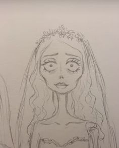 a drawing of a woman with long hair wearing a veil and tiara on her head