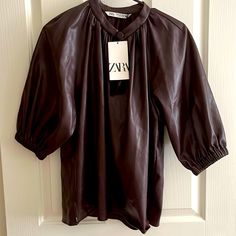 Nwt Zara Faux Leather Bell-Sleeves Blouse In Rich Dark Chocolate Size Small Brown Puff Sleeve Blouse For Fall, Chic Long Sleeve Faux Leather Top, Brown Fall Office Blouse, Faux Leather Tops For Workwear In Fall, Chic Leather Tops For Fall, Zara Blouse For Fall, Elegant Leather Tops For Fall, Elegant Leather Tops For Work, Elegant Leather Tops For Office