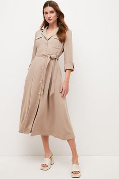 Soft Tailored Utility Belted Midi Dress Workwear Dress With Pockets And Midi Length, Fitted Button-up Viscose Dress, Midi Workwear Dress With Pockets, Fitted Collared Viscose Dresses, Long-sleeved Belted Midi Dress In Viscose, Semi-formal Long Sleeve Viscose Dress, Collared Viscose Dresses For Fall, Fall Viscose Collared Dress, Belted Viscose Midi Maxi Dress