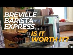 a person is using a coffee maker to make something interesting with the words breville barista express