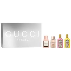 Set Description: Share the love and celebrate the festive season with this four-piece Gucci fragrance gift set. Guilty Pour Femme Eau de Parfum is an ambery, floral scent that opens with pink pepper balanced by delicate lilac and grounded by amber and patchouli. Bloom Eau de Parfum for Her is a rich white-floral fragrance that unfolds with rangoon creeper illuminated by jasmine bud. Gucci Flora Gorgeous Gardenia Eau de Parfum is an intensely feminine, floral scent combining the gardenia’s first tender blossom with the richness of its flower in full bloom. Flora Gorgeous Orchid Eau de Parfum blends warm vanilla with a refreshing ozonic accord.This Set Contains:- 0.16 oz/ 5 mL Guilty Pour Femme Eau de Parfum- 0.16 oz/ 5 mL Bloom Eau d Mini Perfume Set, Gucci Flora Gorgeous Gardenia, Rangoon Creeper, Gucci Fragrance, Gucci Perfume, Gucci Flora, Mini Perfume, Gucci Mini, Perfume Set