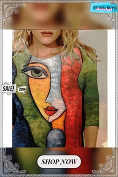 Women's T Shirt Tee Rainbow Portrait Long Sleeve Home Daily Basic Round Neck Regular Abstract 3d Printed Portrait S T Shirt 3d, Fashion Art Prints, Monochrome Art, Abstract Faces, Linen Style, Collar Tshirt, Moda Vintage, Spring Shirts, Floral Print Tops