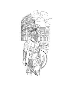 a black and white drawing of a roman soldier in front of the colossion