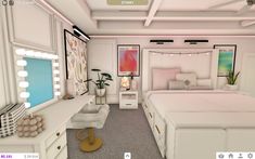 a virtual bedroom is shown with white furniture