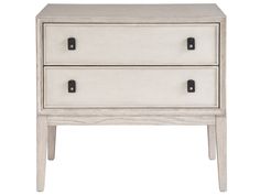 a white nightstand with two drawers and black knobs on the bottom, against a white background