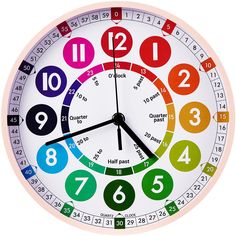 a colorful clock with numbers and times on it's face in the shape of a circle