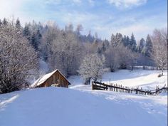 a snow covered field with a small cabin in the distance and trees on either side