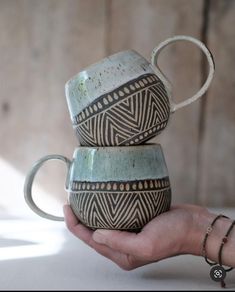 two coffee mugs sitting on top of each other in someone's hand next to a wall