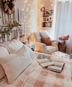 a bed room with a neatly made bed and lots of lights on the wall above it