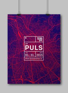 a poster with the words puls in red and purple on it, hanging from hooks