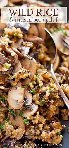 wild rice and mushroom pilaf on a plate with a spoon