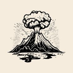 Volcano Drawing Simple, Volcano Eruption Drawing, Volcanic Eruption Drawing, Volcanic Eruption Illustration, Volcano Tattoos, Draw Volcano, Volcano Tattoo Minimalist, Volcanoes Drawing