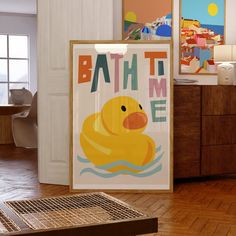 a bathroom with a yellow rubber ducky on the floor