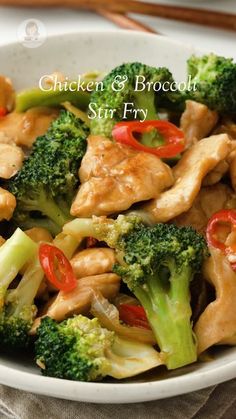 chicken and broccoli stir fry in a white bowl