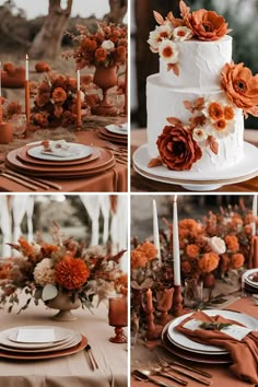 wedding cake with orange flowers and candles on the table in front of other pictures, along with plates and napkins