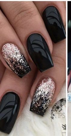 September Nails Black, Nail Ideas For A Concert, 2023 Nail Designs Black, Class Reunion Nails, Glitzy Nail Designs, Bronze And Black Nails, 50th Birthday Nails For Women, Nails Vegas Style, Nails 2023 Trends Dark