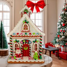 a large gingerbread house decorated with candy and christmas decorations in front of a christmas tree