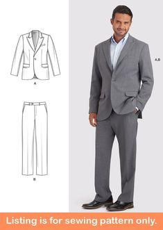 Sewing Pattern Make Classic Suits for Men Physical Paper Pattern Uncut and Factory Folded This listing is for one sewing pattern to make all of the items listed below.  Directions and pattern pieces are included.  Please note that anything else shown as well as any fabric or supplies needed are not included. These suits are great for business or special occasions!  Sew a suit jacket with shoulder pads, front button closure, notched collar, front pockets, rounded hem, and button accent on the sleeves.  Formal pants have belt loops, zipper/button closure, and side and back pockets. *suit jacket *formal pants You Choose From Sizes: *Men 34 to 42 *Men 44 to 52 Simplicity 9241 Formal Double-breasted Outerwear With Welt Pockets, Semi-formal Blazer With Welt Pockets In Suiting Fabric, Semi-formal Outerwear With Notch Lapel And Herringbone Pattern, Men Jacket Pattern Making, Men's Coat Pattern Drafting, Suit Sewing Patterns, Formal Pants, Classic Suit, Shoulder Pads