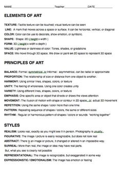 the elements of art worksheet is shown in black and white, with text