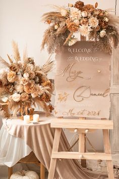 Wedding welcome sign on an easel with beige wedding flowers Acrylic Ombre, Neutral Wedding Decor, Wedding Seating Signs, Wedding Welcome Board, Golden Mirror, Earthy Wedding, Personalized Wedding Decor, Wedding Stationery Suite, Beige Wedding